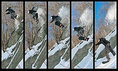 Cliff jump on snowboard
